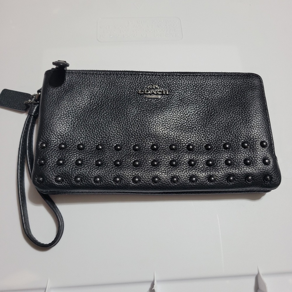 Coach Black Pebbled Leather Double Zip Wristlet Studded Handbag Wallet